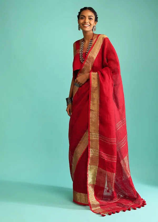 GoldFine_Red_Linen_Cotton_Blend_Handloom_Bhagallpuri_Saree