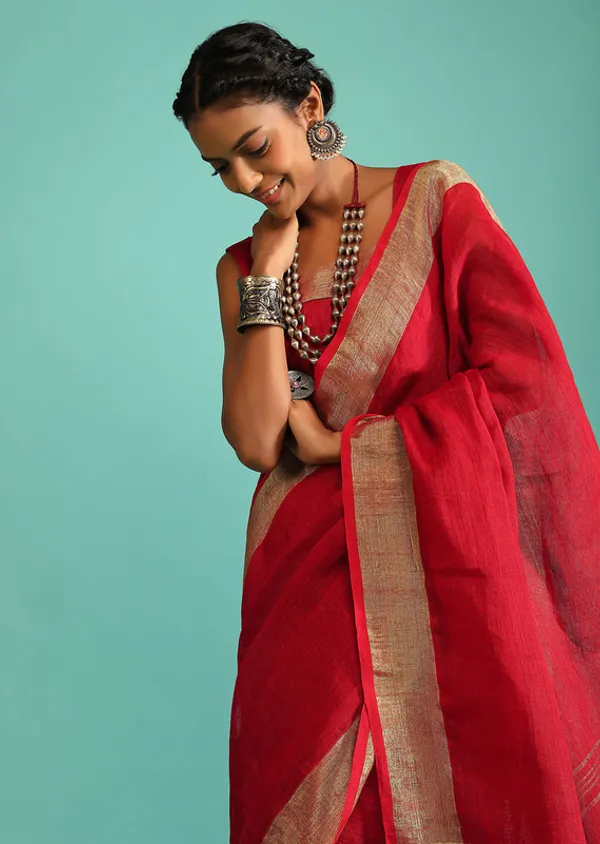 GoldFine_Red_Linen_Cotton_Blend_Handloom_Bhagallpuri_Saree
