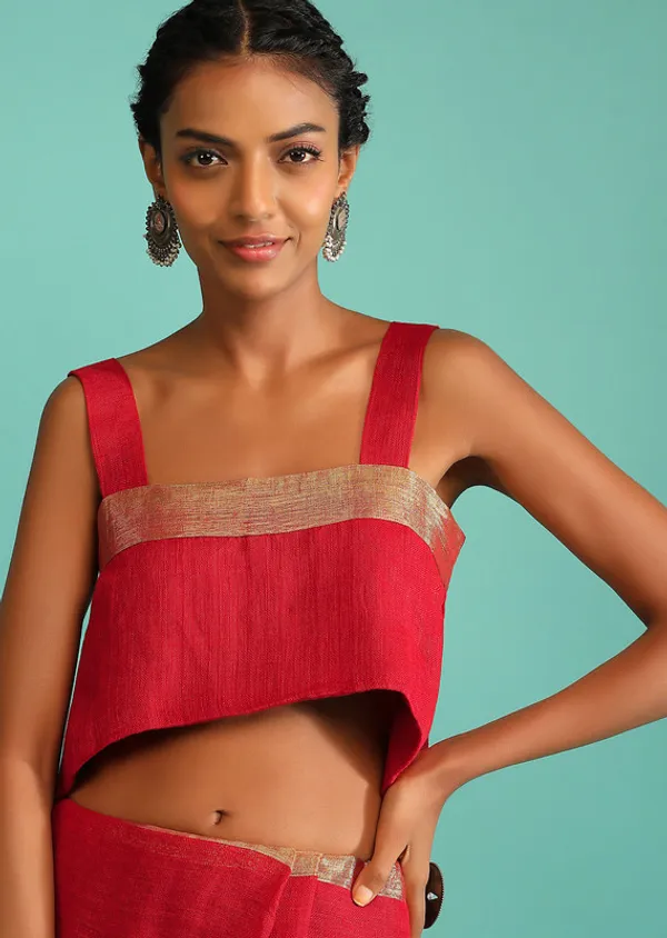 GoldFine_Red_Linen_Cotton_Blend_Handloom_Bhagallpuri_Saree