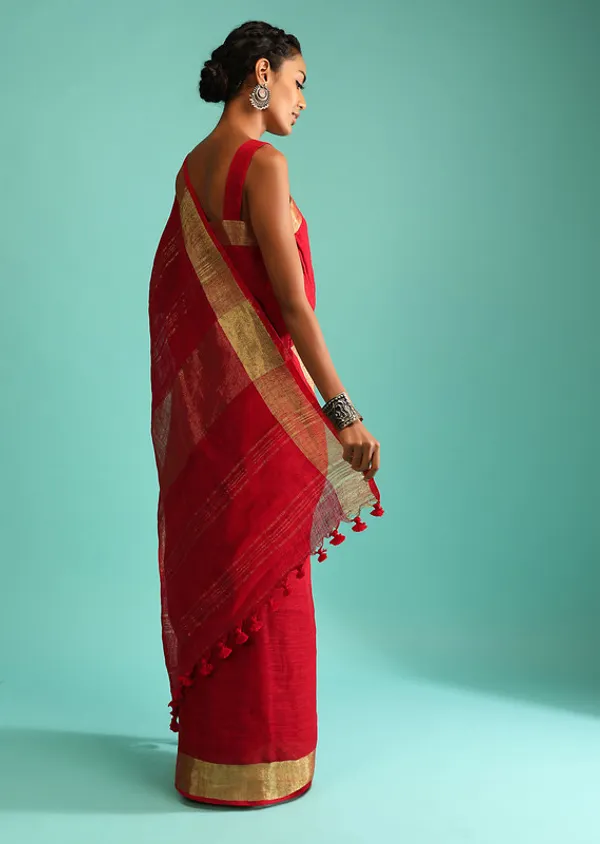 GoldFine_Red_Linen_Cotton_Blend_Handloom_Bhagallpuri_Saree