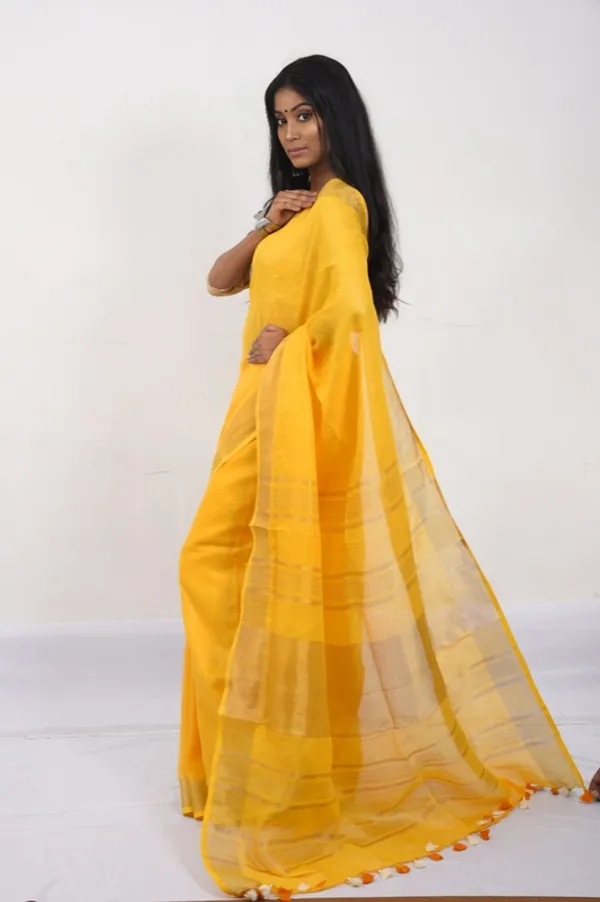 GoldGamboge_Yellow_Linen_Cotton_Blend_Handloom_Bhagallpuri_Saree