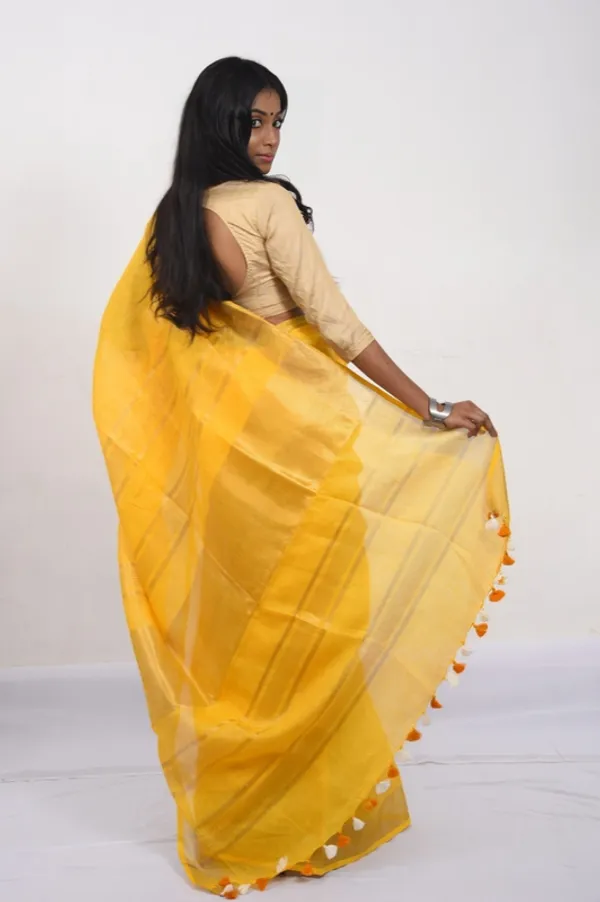 GoldGamboge_Yellow_Linen_Cotton_Blend_Handloom_Bhagallpuri_Saree