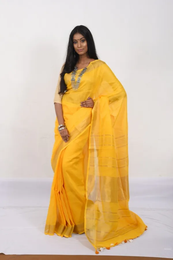 GoldGamboge_Yellow_Linen_Cotton_Blend_Handloom_Bhagallpuri_Saree