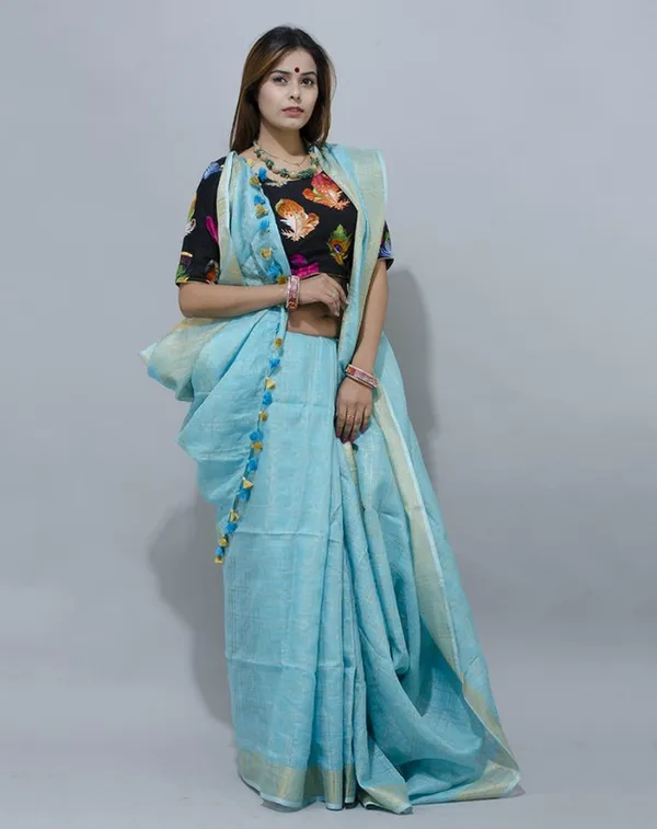 GoldLight_Sky_Blue_Linen_Cotton_Blend_Handloom_Bhagallpuri_Saree