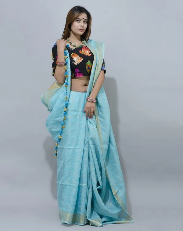 GoldLight_Sky_Blue_Linen_Cotton_Blend_Handloom_Bhagallpuri_Saree