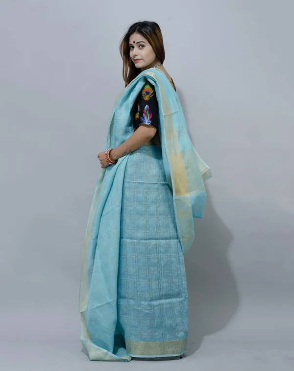 GoldLight_Sky_Blue_Linen_Cotton_Blend_Handloom_Bhagallpuri_Saree