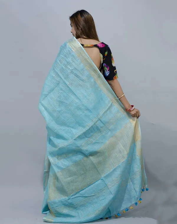 GoldLight_Sky_Blue_Linen_Cotton_Blend_Handloom_Bhagallpuri_Saree