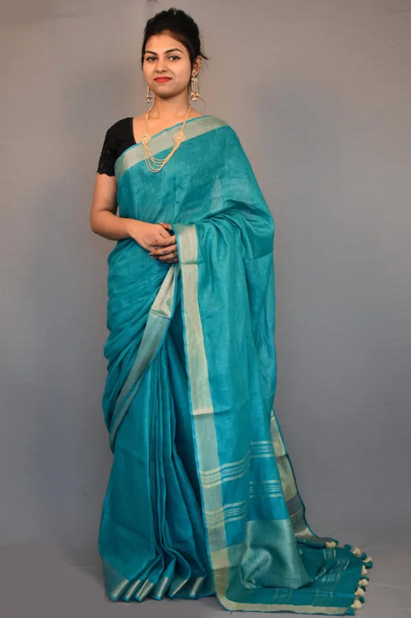 GoldMoonstone_Cyan_Linen_Cotton_Blend_Handloom_Bhagallpuri_Saree