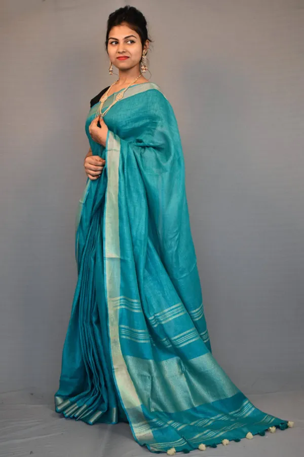 GoldMoonstone_Cyan_Linen_Cotton_Blend_Handloom_Bhagallpuri_Saree