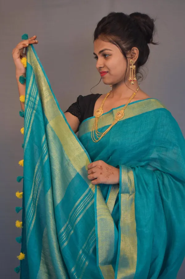 GoldMoonstone_Cyan_Linen_Cotton_Blend_Handloom_Bhagallpuri_Saree