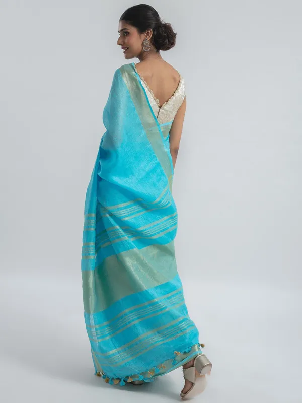 GoldPacific_Cyan_Linen_Cotton_Blend_Handloom_Bhagallpuri_Saree