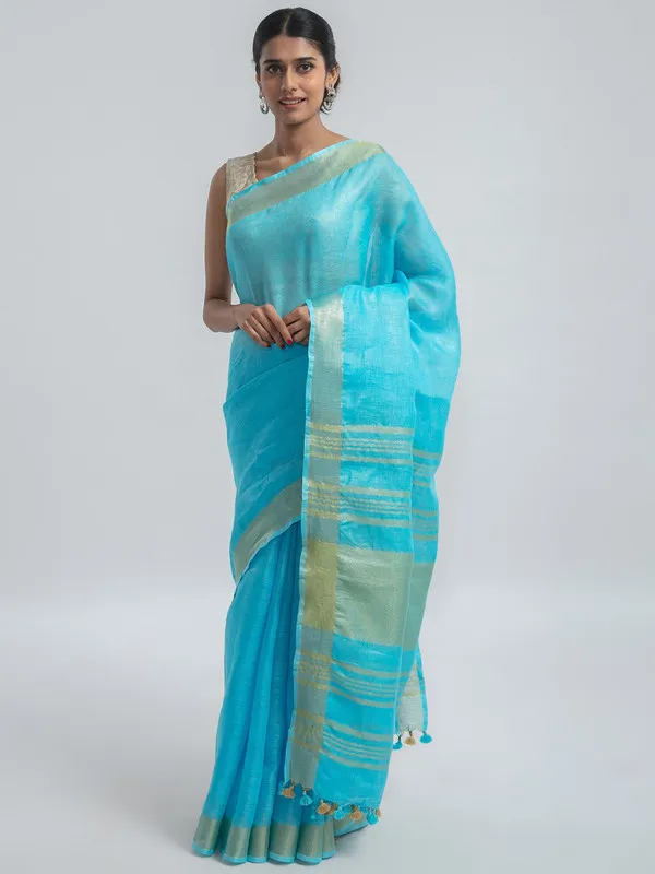 GoldPacific_Cyan_Linen_Cotton_Blend_Handloom_Bhagallpuri_Saree