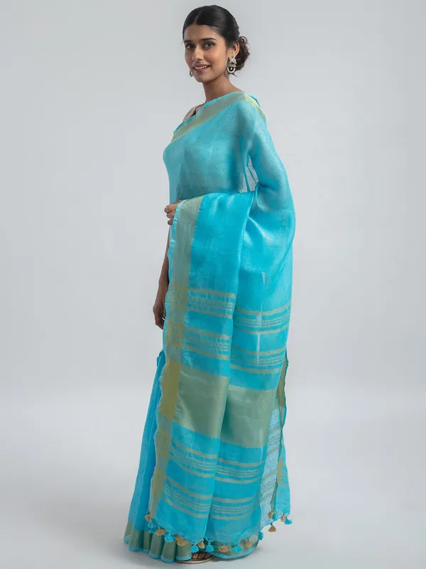 GoldPacific_Cyan_Linen_Cotton_Blend_Handloom_Bhagallpuri_Saree