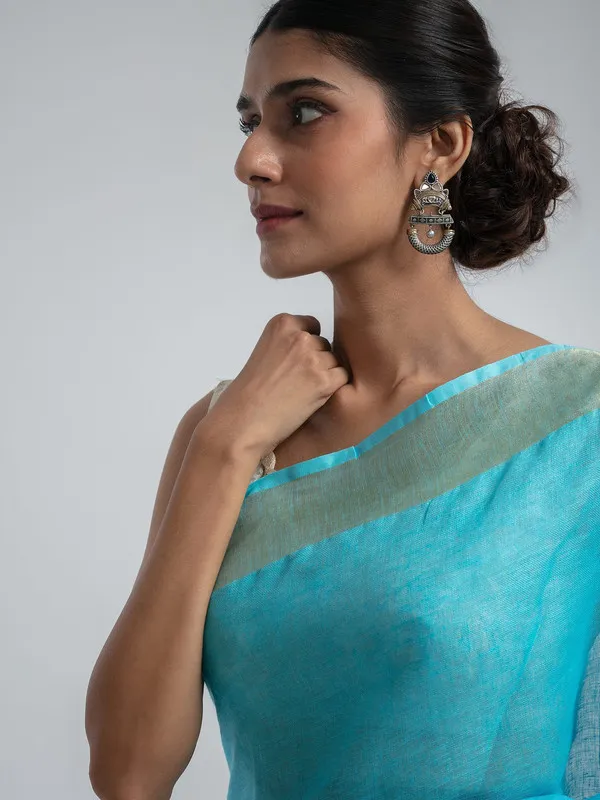 GoldPacific_Cyan_Linen_Cotton_Blend_Handloom_Bhagallpuri_Saree