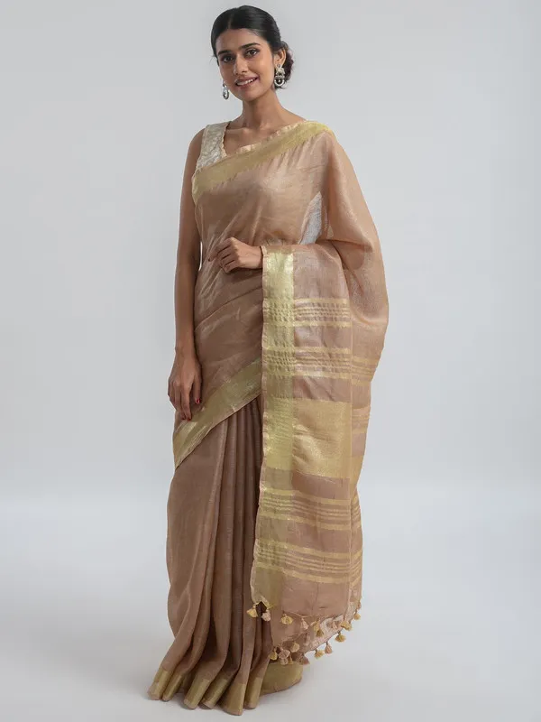 GoldTaupe_Brown_Linen_Cotton_Blend_Handloom_Bhagallpuri_Saree