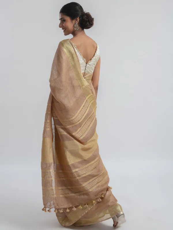 GoldTaupe_Brown_Linen_Cotton_Blend_Handloom_Bhagallpuri_Saree