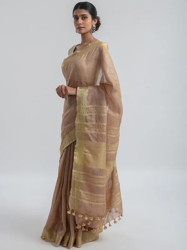 GoldTaupe_Brown_Linen_Cotton_Blend_Handloom_Bhagallpuri_Saree