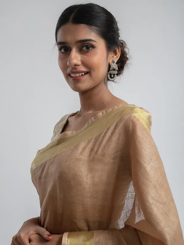 GoldTaupe_Brown_Linen_Cotton_Blend_Handloom_Bhagallpuri_Saree