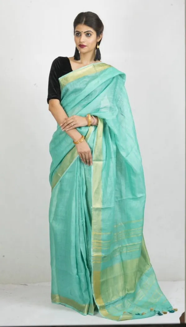 GoldTurquoise_Linen_Cotton_Blend_Handloom_Bhagallpuri_Saree