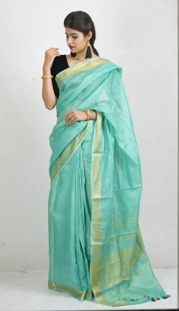 GoldTurquoise_Linen_Cotton_Blend_Handloom_Bhagallpuri_Saree