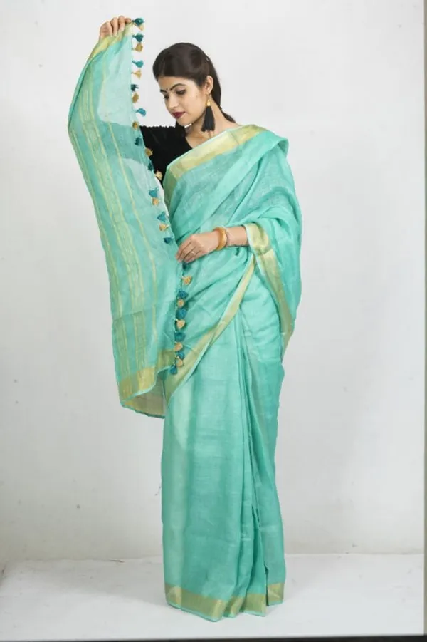GoldTurquoise_Linen_Cotton_Blend_Handloom_Bhagallpuri_Saree