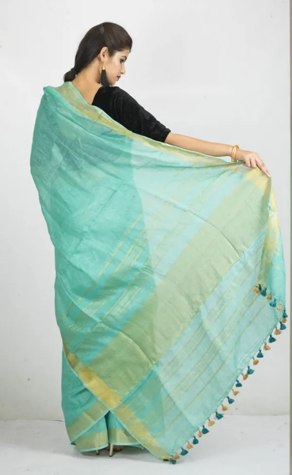 GoldTurquoise_Linen_Cotton_Blend_Handloom_Bhagallpuri_Saree