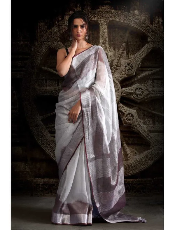 Authentic_Thunder_Coke_&_White_Bhagalpuri_Handloom_Tissue_Linen_Two_Dye_Saree