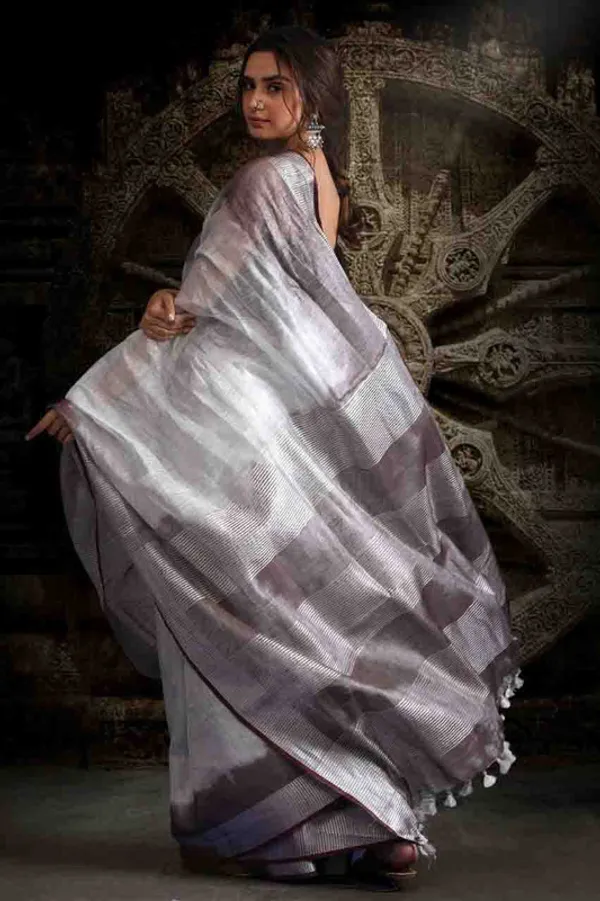 Authentic_Thunder_Coke_&_White_Bhagalpuri_Handloom_Tissue_Linen_Two_Dye_Saree
