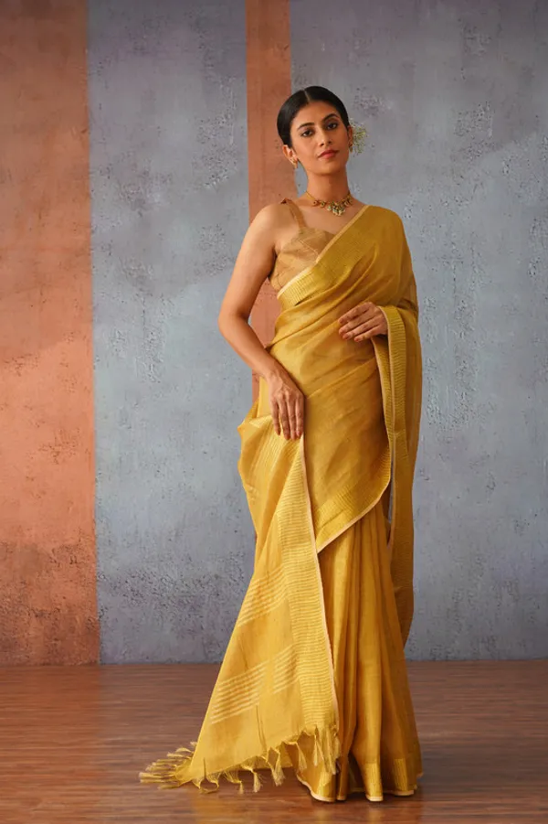 Authentic_Golden_Yellow_Tissue_Linen_Handloom_Bhagapuri_Saree_with_Running_Blouse_Piece