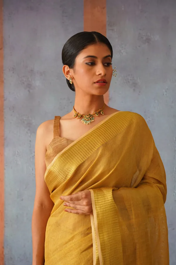 Authentic_Golden_Yellow_Tissue_Linen_Handloom_Bhagapuri_Saree_with_Running_Blouse_Piece