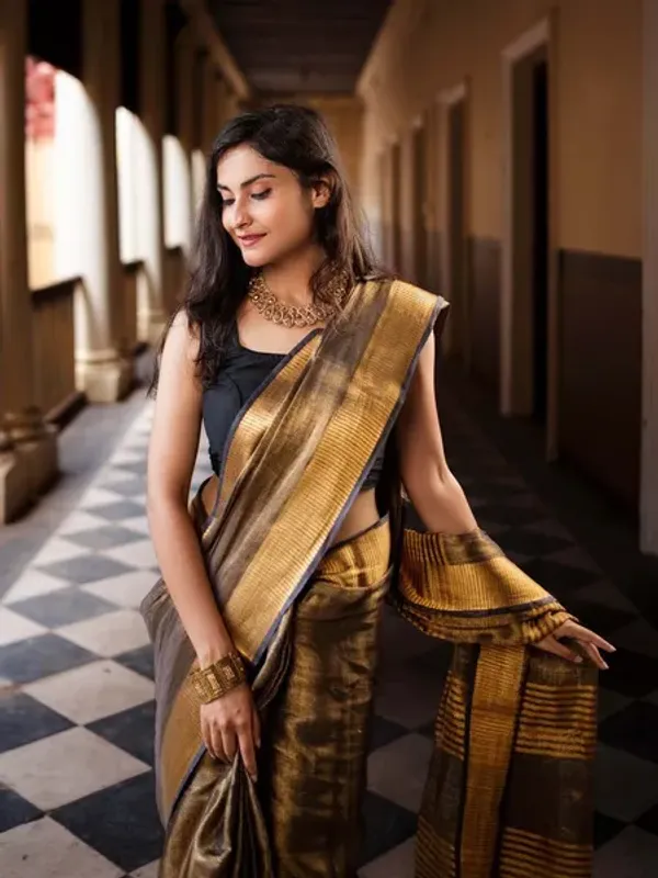 Authentic_GoldDark_Brown_Tissue_Linen_Handloom_Bhagapuri_Saree_with_Running_Blouse_Piece