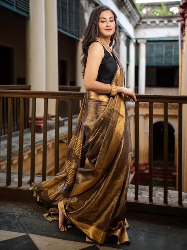 Authentic_GoldDark_Brown_Tissue_Linen_Handloom_Bhagapuri_Saree_with_Running_Blouse_Piece