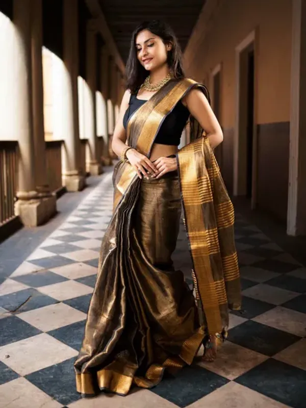 Authentic_GoldDark_Brown_Tissue_Linen_Handloom_Bhagapuri_Saree_with_Running_Blouse_Piece