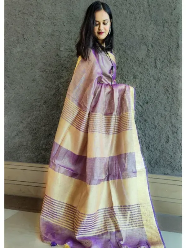 Authentic_GoldFrench_Purple_Tissue_Linen_Handloom_Bhagapuri_Saree_with_Running_Blouse_Piece