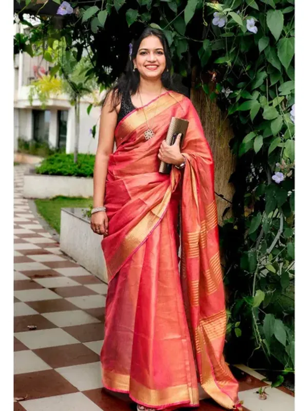 Authentic_GoldPoppy_Red_Tissue_Linen_Handloom_Bhagapuri_Saree_with_Running_Blouse_Piece
