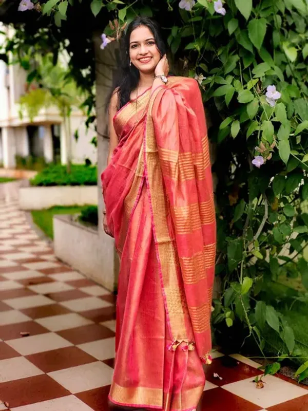 Authentic_GoldPoppy_Red_Tissue_Linen_Handloom_Bhagapuri_Saree_with_Running_Blouse_Piece