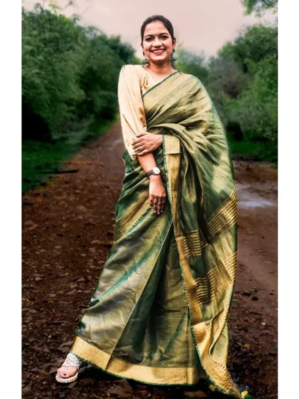 Authentic_GoldReseda_Green_Tissue_Linen_Handloom_Bhagapuri_Saree_with_Running_Blouse_Piece