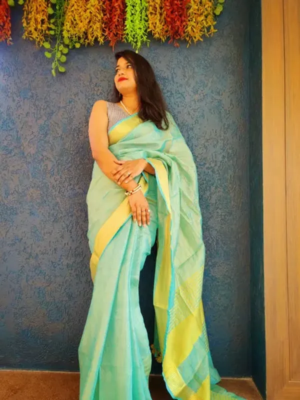 Authentic_GoldTurquoise_Tissue_Linen_Handloom_Bhagapuri_Saree_with_Running_Blouse_Piece