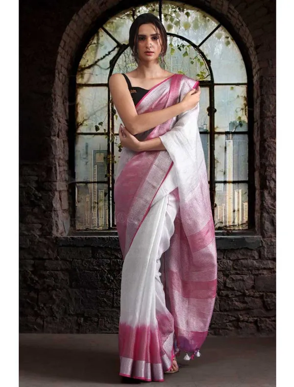 Authentic_Hot_Pink_&_White_Tissue_Linen_Handloom_Bhagapuri_Saree_with_Running_Blouse_Piece