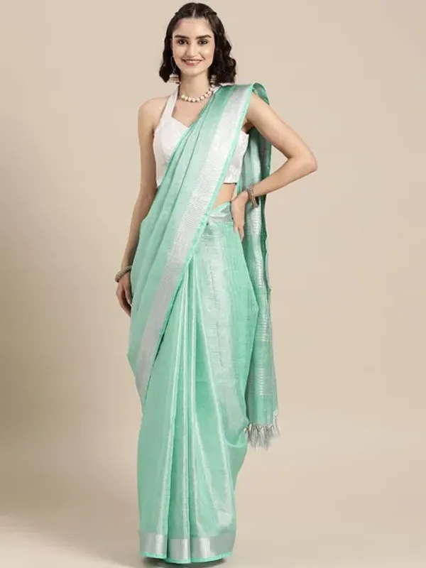 Authentic_Mint_Turquoise_Tissue_Linen_Handloom_Bhagapuri_Saree_with_Running_Blouse_Piece
