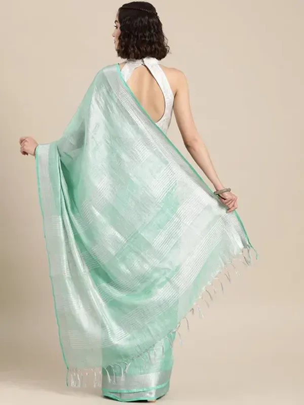 Authentic_Mint_Turquoise_Tissue_Linen_Handloom_Bhagapuri_Saree_with_Running_Blouse_Piece