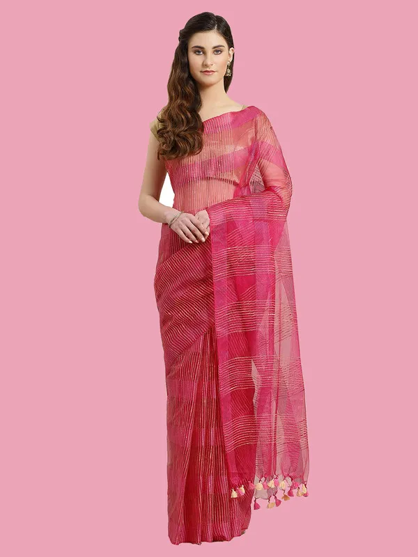 Authentic_Cerise_Pink_Mulberry_Ghicha_Silk_Handloom_Bhagalpuri_Net_Saree