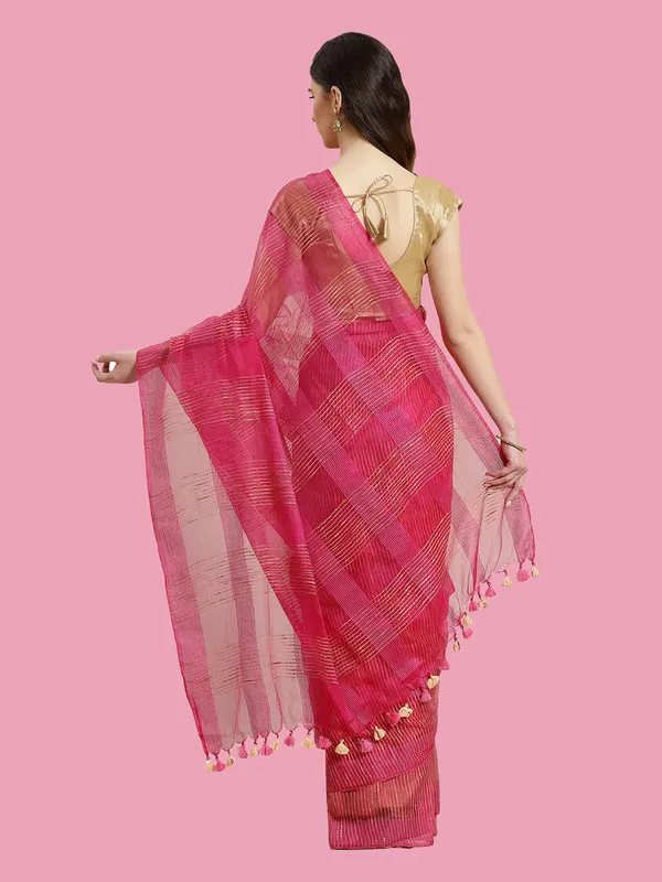 Authentic_Cerise_Pink_Mulberry_Ghicha_Silk_Handloom_Bhagalpuri_Net_Saree
