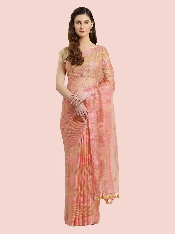Authentic_Coral_Peach_Mulberry_Ghicha_Silk_Handloom_Bhagalpuri_Net_Saree