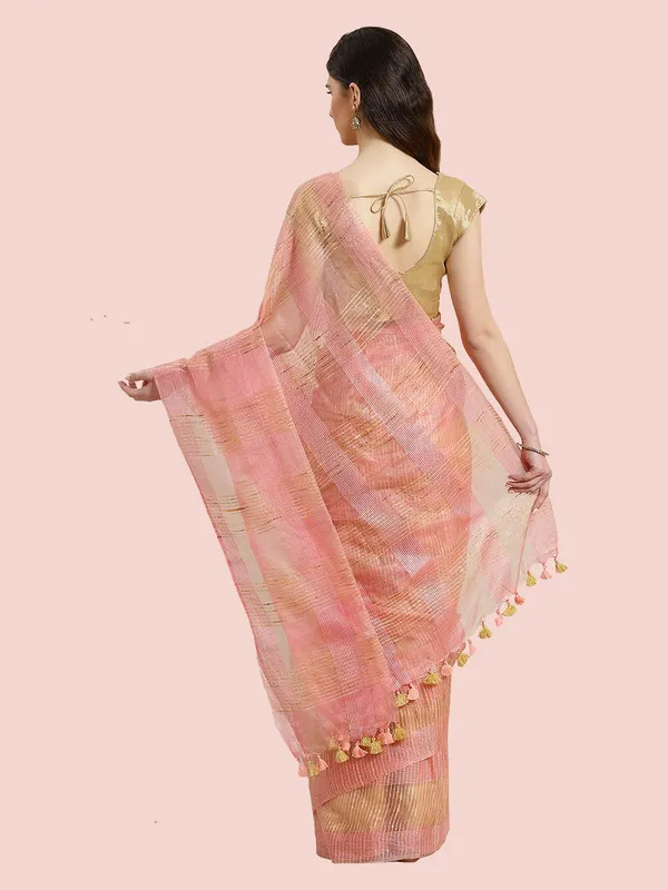 Authentic_Coral_Peach_Mulberry_Ghicha_Silk_Handloom_Bhagalpuri_Net_Saree