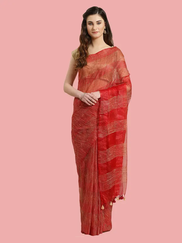 Authentic_Fine_Red_Mulberry_Ghicha_Silk_Handloom_Bhagalpuri_Net_Saree