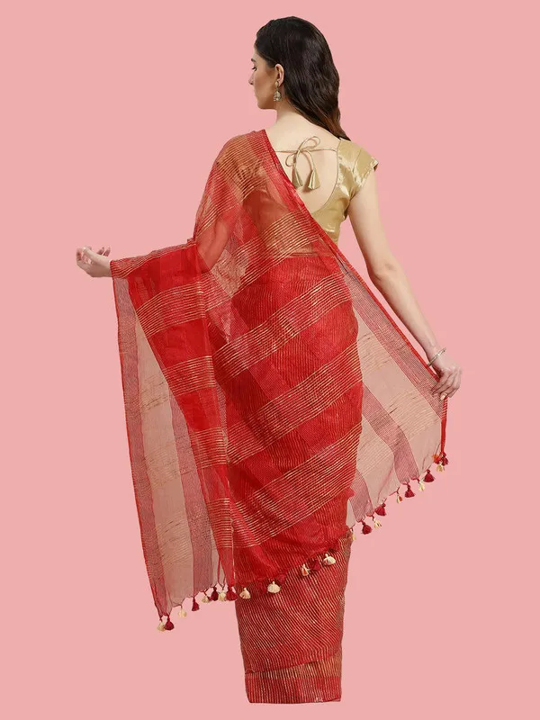 Authentic_Fine_Red_Mulberry_Ghicha_Silk_Handloom_Bhagalpuri_Net_Saree