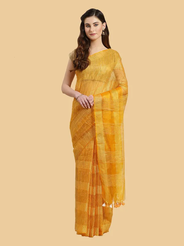 Authentic_Gamboge_Yellow_Mulberry_Ghicha_Silk_Handloom_Bhagalpuri_Net_Saree