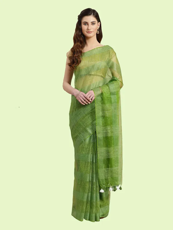 Authentic_Kelly_Green_Mulberry_Ghicha_Silk_Handloom_Bhagalpuri_Net_Saree