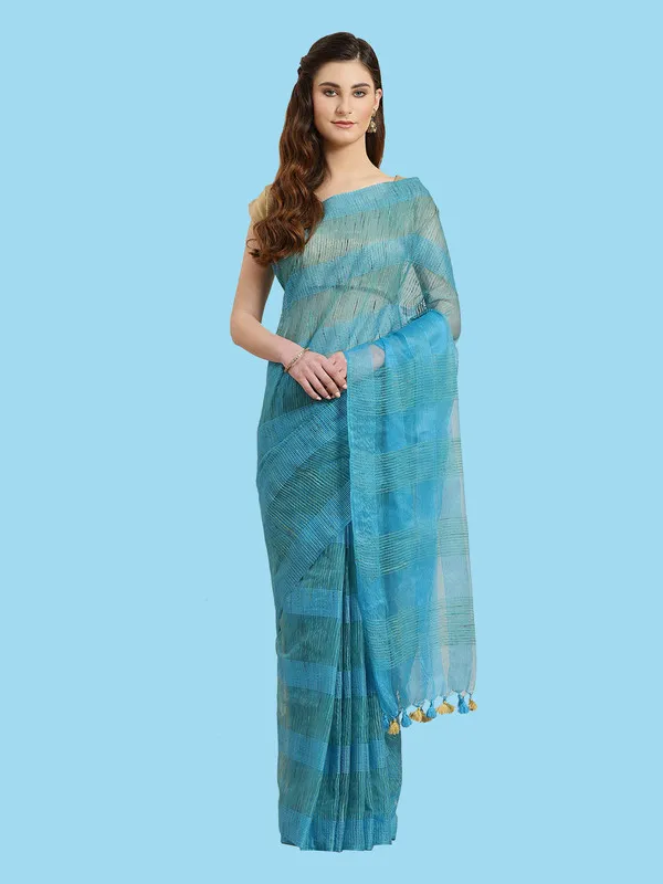 Authentic_Pacific_Cyan_Mulberry_Ghicha_Silk_Handloom_Bhagalpuri_Net_Saree